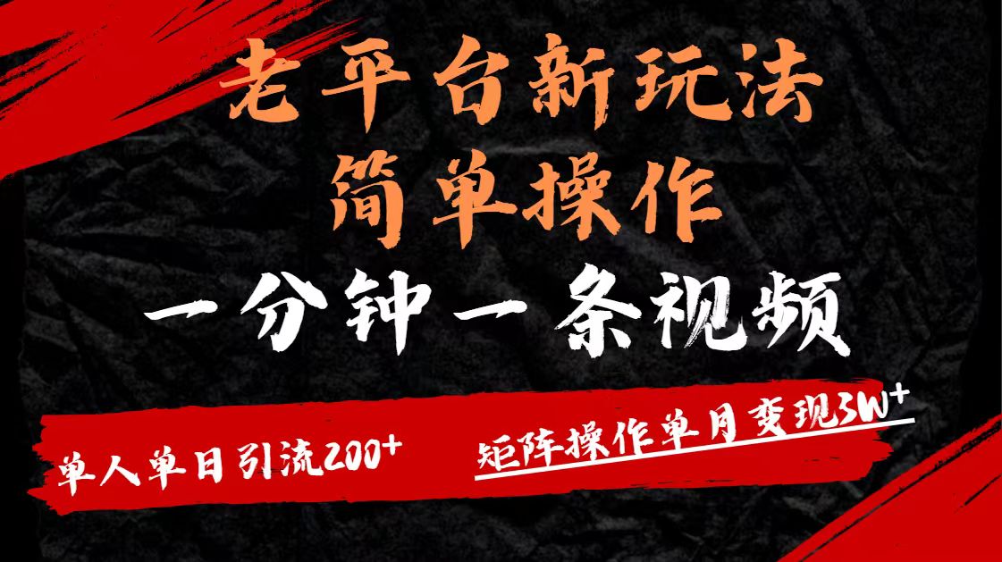 老平台，新玩法，简单操作，一分钟一条视频，单人单人引流200+矩阵操作，单月变现3W