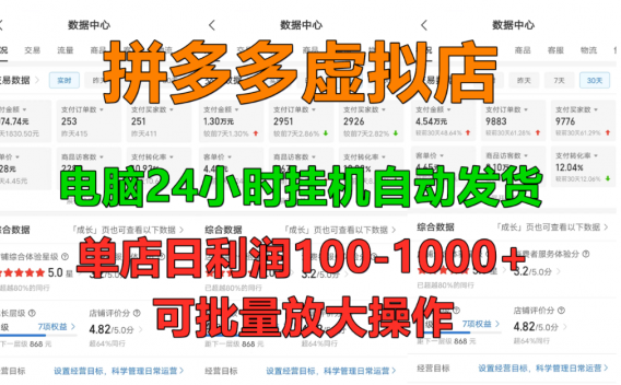 拼多多虚拟店,单店日利润100-1000+,挂机全自动发货,长久稳定新手首选项目,可批量放大操作