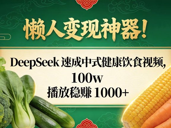 懒人变现神器！DeepSeek 速成中式健康饮食视频，100w 播放稳赚 1000+